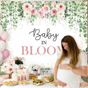 Avezano Baby in Bloom Backdrop Sage Green Leaves with Pink Flowers Baby Shower Party Decorations Baby Girl's Greenery Floral Nature Theme Photography Background Cake Table Banner (6x5ft(72x60in))