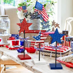 3 Pieces Labor Day Decorations Wood Star Set,Rustic Veterans Day Decorations,Red White and Blue Decorations for Home Tables, Patriotic Tiered Tray Decor(Star)