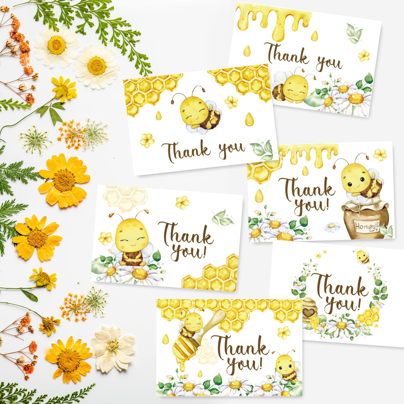 AnyDesign 36 Pack Honey Bee Thank You Cards Bulk Watercolor Bee Honeycomb Flower Thank You Note Cards with Envelopes Stickers for Summer Birthday Baby Shower Wedding Bridal Party Supplies