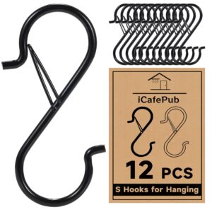 12 pcs s hooks for hanging with safety buckle, 3.5 inch heavy duty metal s shaped hooks for kitchen utensil, cups, pots, plants, bags, hats (black)