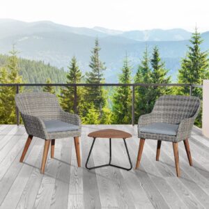 Soleil Jardin Patio Dining Chairs Set of 2 with Wood Legs, Outdoor Rattan Wicker Chairs with Seat Cushions for Lawn, Deck, Porch, Balcony, Backyard and Garden, Grey