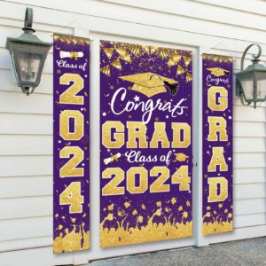 2024 Graduation Party Decorations - Purple Gold Class of 2024 Congrats Grad Banner 2024 Graduation Party Supplies Front Door Cover Porch Sign Banner Wall Backdrop Decor