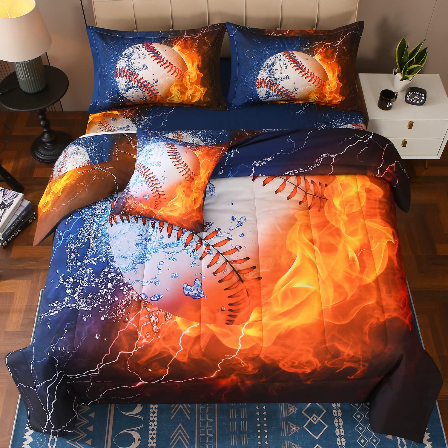 JQinHome Twin Baseball and Fire Comforter Sets for Boys,6 Piece Bed in A Bag 3D Sport Themed Bedding -All Season Soft Microfiber Bedding Sets, Pillowcase, Flat Sheet, Fitted Sheet,Cushion Cover