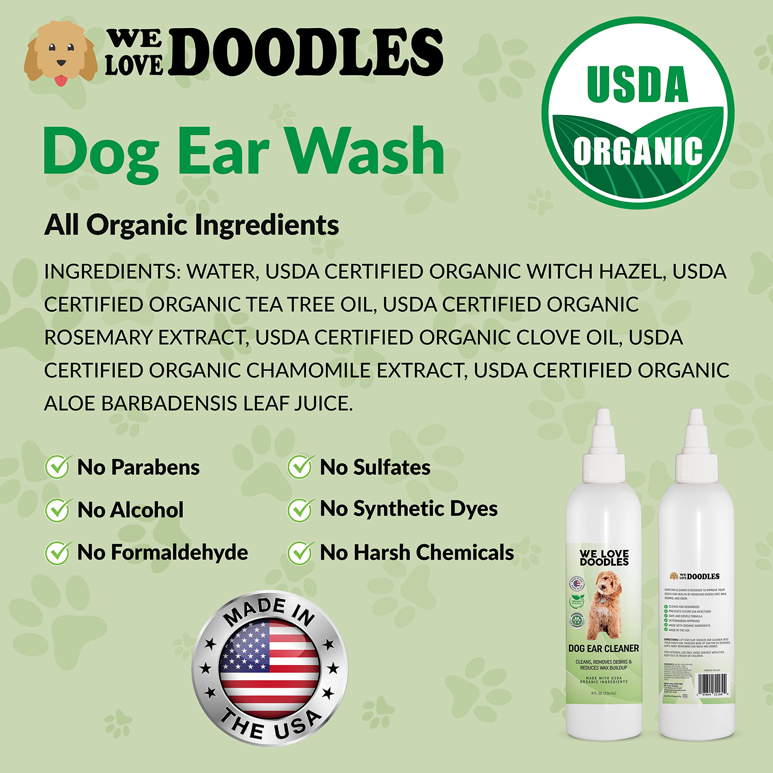 We Love Doodles Organic Dog Ear Cleaner | Ear Wash for Dogs | Made in USA | Natural | Clean Ear Drops | Prevents Infection, Itching & Odor | Puppy Ear Cleanser | Pet Cleaning Ears Solution