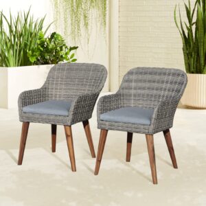 Soleil Jardin Patio Dining Chairs Set of 2 with Wood Legs, Outdoor Rattan Wicker Chairs with Seat Cushions for Lawn, Deck, Porch, Balcony, Backyard and Garden, Grey