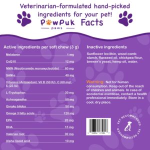 PawPuk Paws Calming & Cognition Supplement for Dogs, Melatonin SAM-E NMN & CoQ10 - Cognition Supp., Valerian Root Ashwagandha Gingo Biloba - Calming Natural Ingredients, Brain Function