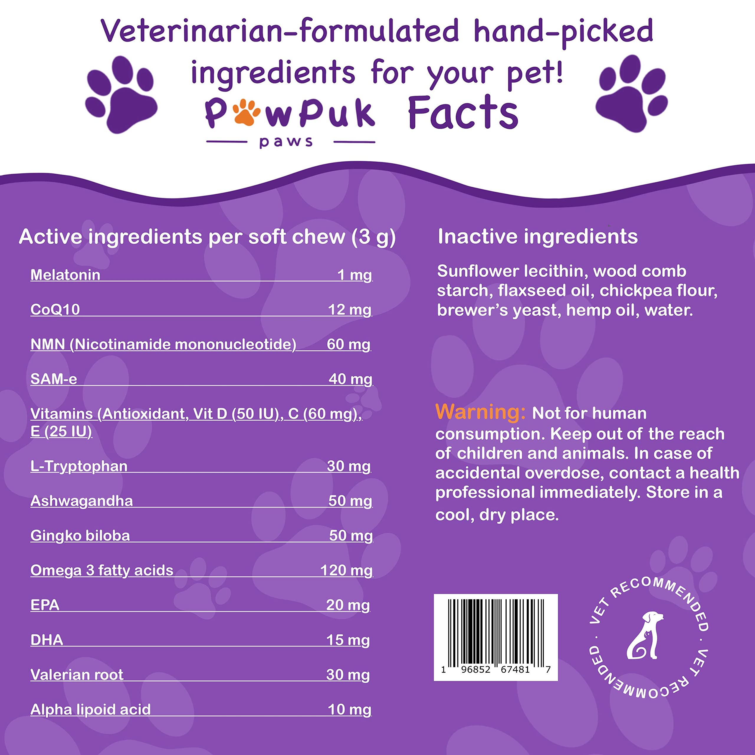 PawPuk Paws Calming & Cognition Supplement for Dogs, Melatonin SAM-E NMN & CoQ10 - Cognition Supp., Valerian Root Ashwagandha Gingo Biloba - Calming Natural Ingredients, Brain Function