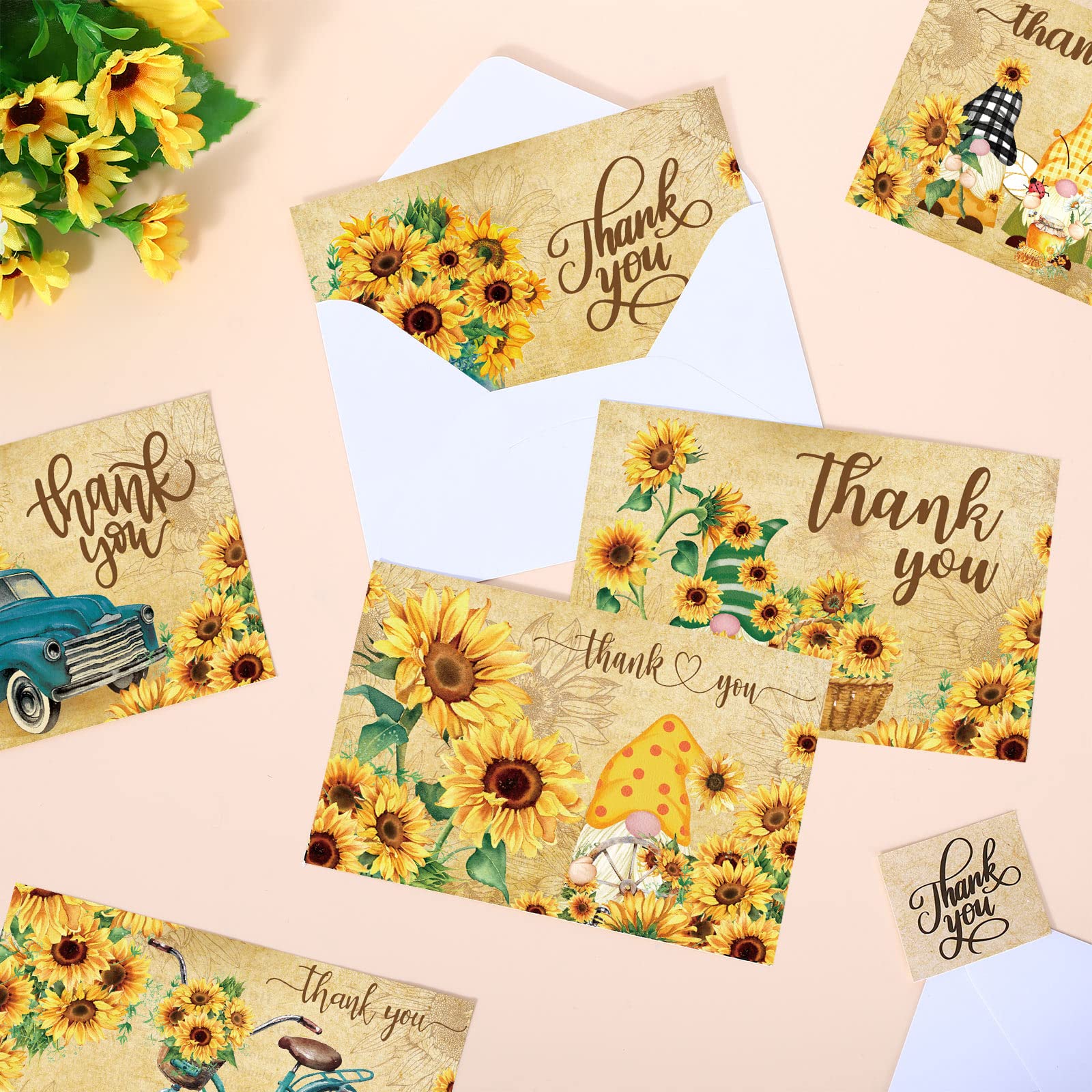 Whaline 36 Pack Sunflower Thank You Cards Vintage Spring Summer Flower Truck Notes with Stickers Envelopes Retro Floral Blank Cards for Baby Shower Wedding Birthday Bridal Shower Party