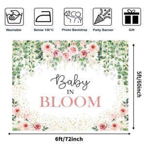 Avezano Baby in Bloom Backdrop Sage Green Leaves with Pink Flowers Baby Shower Party Decorations Baby Girl's Greenery Floral Nature Theme Photography Background Cake Table Banner (6x5ft(72x60in))