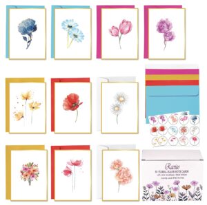 racrico 50 blank note cards and envelopes,10 gold foil designs floral blank cards with color envelopes and stickers, 4x6 blank note greeting cards sets in sturdy bulk box.