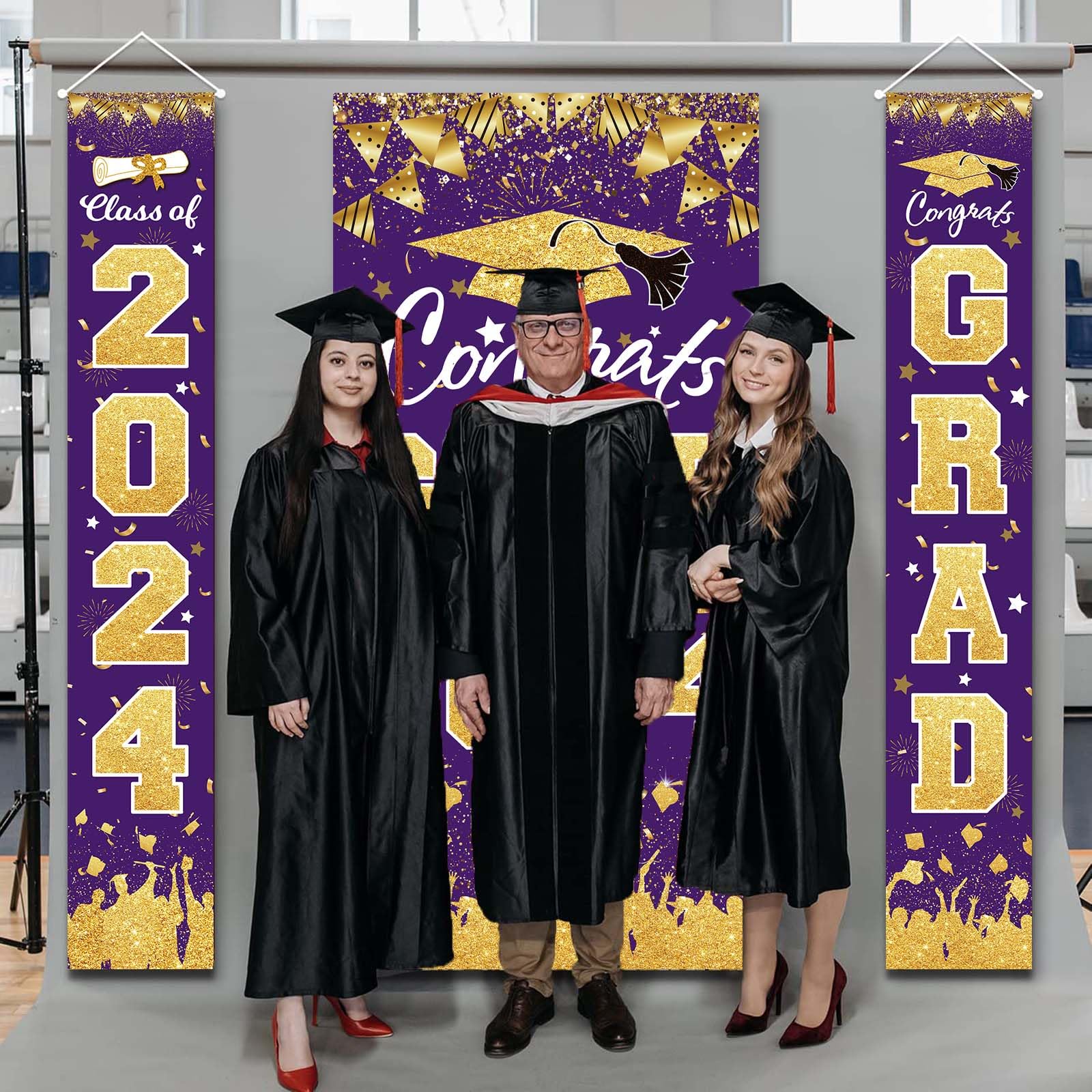 2024 Graduation Party Decorations - Purple Gold Class of 2024 Congrats Grad Banner 2024 Graduation Party Supplies Front Door Cover Porch Sign Banner Wall Backdrop Decor