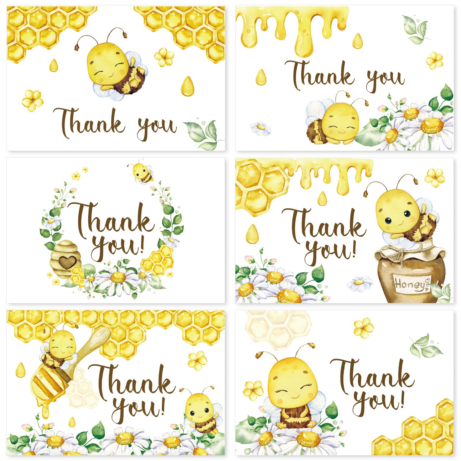 AnyDesign 36 Pack Honey Bee Thank You Cards Bulk Watercolor Bee Honeycomb Flower Thank You Note Cards with Envelopes Stickers for Summer Birthday Baby Shower Wedding Bridal Party Supplies