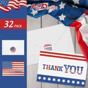 AnyDesign 32 Pack Patriotic Thank You Cards American Flag Stars Stripes Thank You Note Cards with Envelopes Stickers 4th of July Blank Greeting Cards for Independence Day Memorial Day Supplies