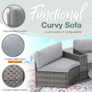 SUNSITT Outdoor Patio Furniture 11-Piece Half-Moon Sectional Round Patio Furniture Set Curved Outdoor Sofa with Aluminum Lift Top Round Coffee Table, Grey Rattan, Grey Cushions