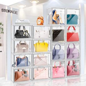 DILIBRA 4 Packs Clear Plastic Handbag Storage Organizer for Closet, Acrylic Display Box for Handbag, Stackable Storage Boxes Bag Organizer with Magnetic Door for Small Purse Clutch Wallet Book Toys