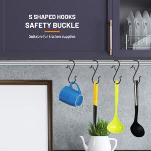 12 PCS S Hooks for Hanging with Safety Buckle, 3.5 inch Heavy Duty Metal S Shaped Hooks for Kitchen Utensil, Cups, Pots, Plants, Bags, Hats (Black)