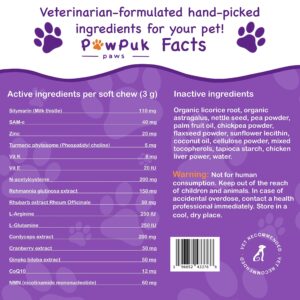 PawPuk Paws Liver & Kidney Vitamins Supplements for Dogs, SAM-E & Silymarin - Liver Function, NMN & CoQ10 - Anti-Aging, Rehmannia & Rhubarb - Natural Herbal Kidney Support, Cranberry - UT Health