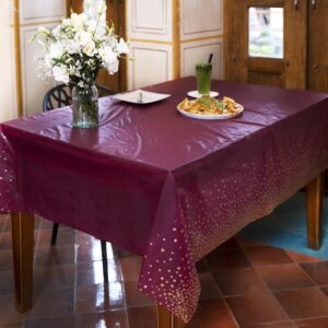 Neatiffy 54 x 108 Inch Rectangle Plastic Table Cloth Picnic/Camping/Birthday Party/Banquet Table Cover. Disposable/Reusable Tablecloths - Burgundy with Golden Dot