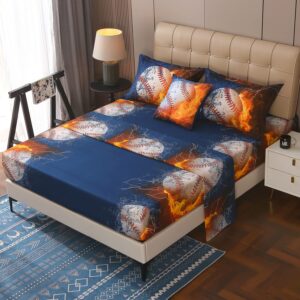 JQinHome Twin Baseball and Fire Comforter Sets for Boys,6 Piece Bed in A Bag 3D Sport Themed Bedding -All Season Soft Microfiber Bedding Sets, Pillowcase, Flat Sheet, Fitted Sheet,Cushion Cover