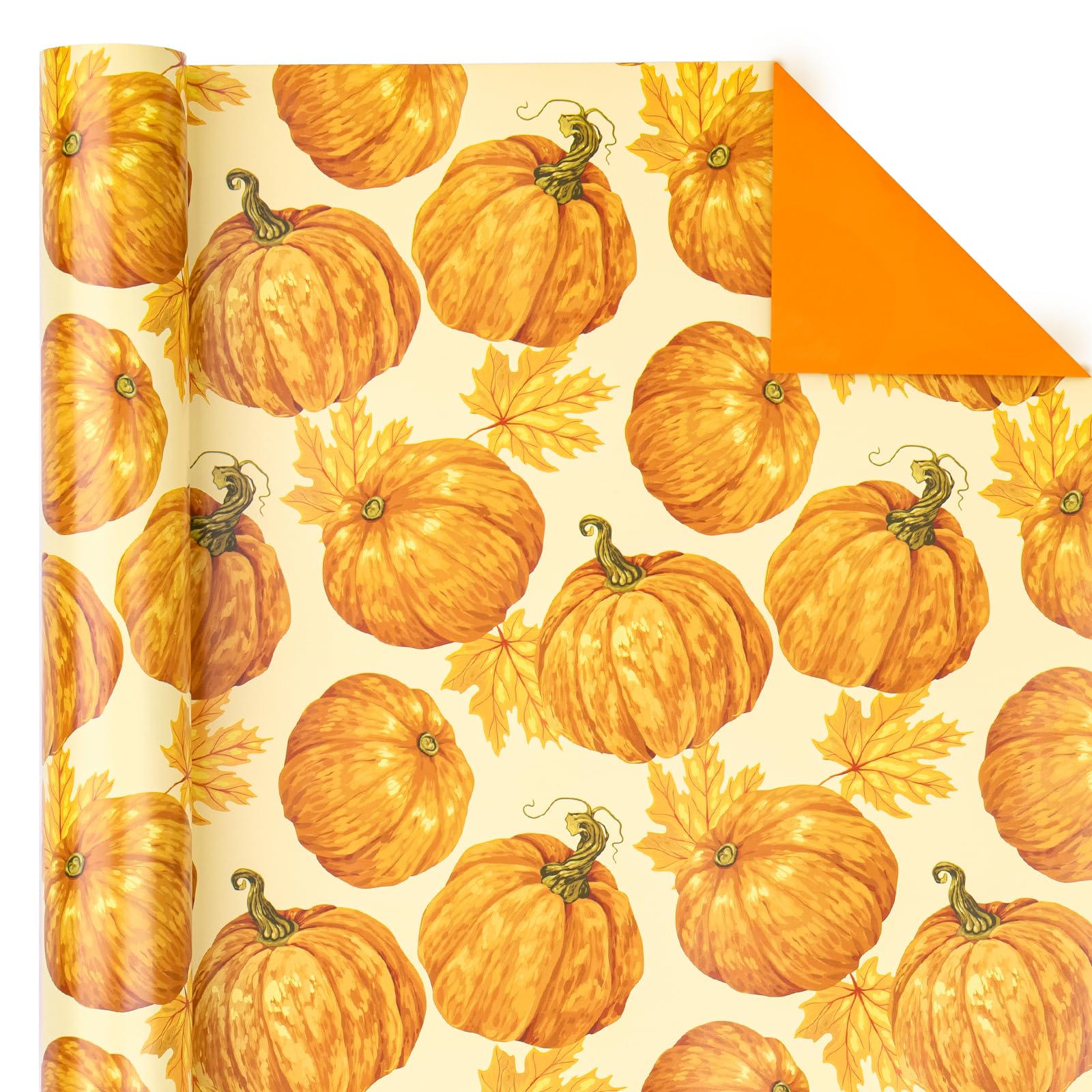 WRAPAHOLIC Reversible Autumn Wrapping Paper - Mini Roll - 17 Inch X 33 Feet - Pumpkin and Maple Leaves Print Design for Birthday, Holiday, Baby Shower