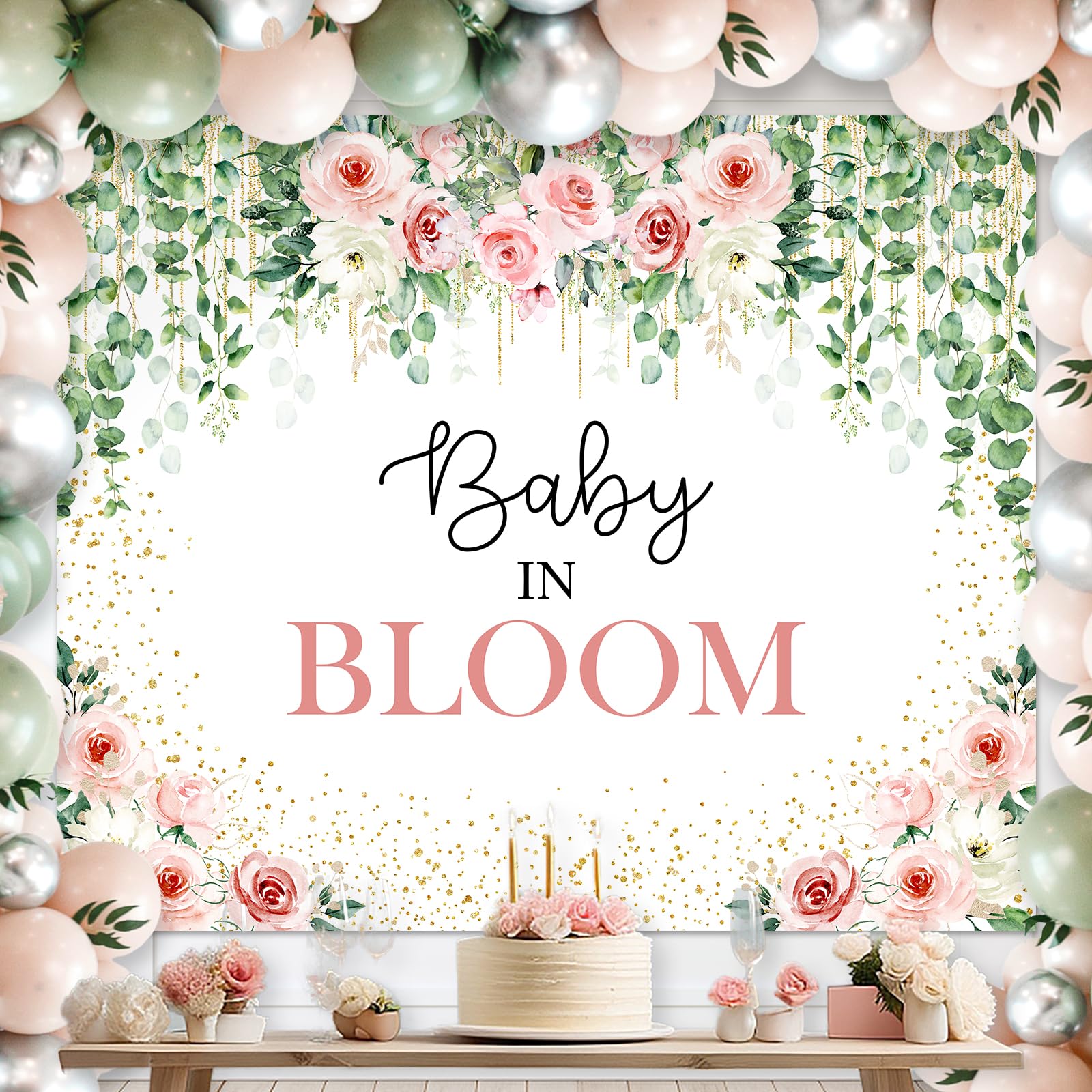 Avezano Baby in Bloom Backdrop Sage Green Leaves with Pink Flowers Baby Shower Party Decorations Baby Girl's Greenery Floral Nature Theme Photography Background Cake Table Banner (6x5ft(72x60in))