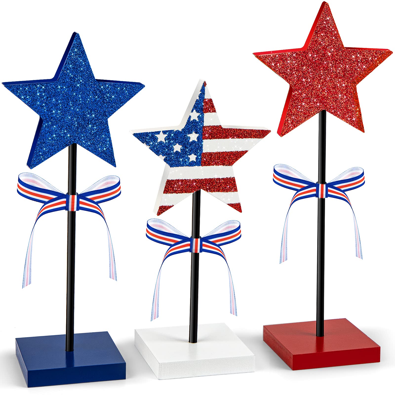 3 Pieces Labor Day Decorations Wood Star Set,Rustic Veterans Day Decorations,Red White and Blue Decorations for Home Tables, Patriotic Tiered Tray Decor(Star)