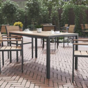 Flash Furniture Finch Commercial Grade Outdoor Dining Table 55" x 31" with Faux Teak Poly Slats and Metal Frame, Natural/Gray