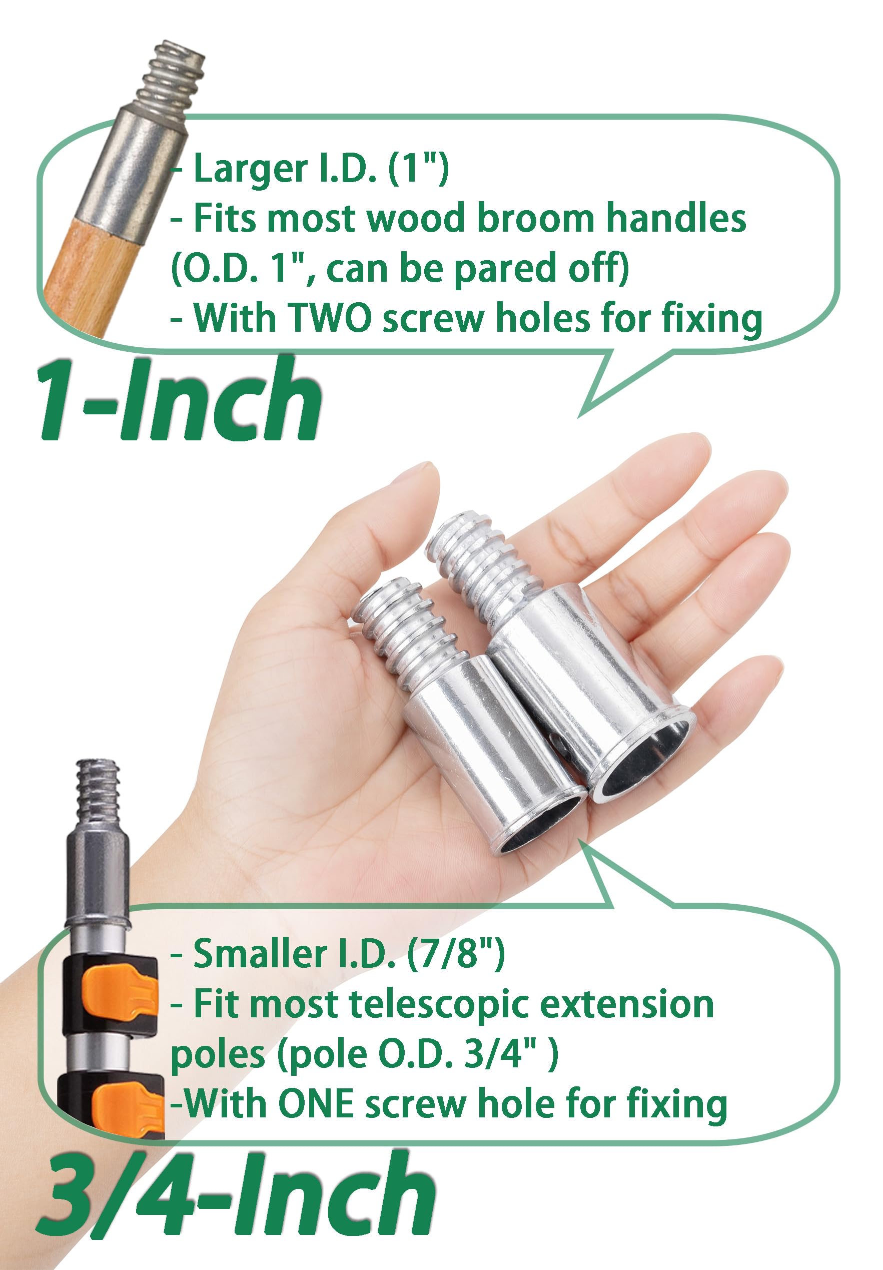 Threaded Tips Replacement for Extension Poles Repairing, Push Broom Handle Threaded End (1 in & 3/4 in)