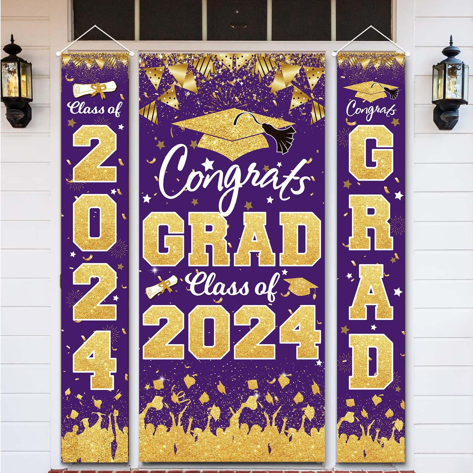 2024 Graduation Party Decorations - Purple Gold Class of 2024 Congrats Grad Banner 2024 Graduation Party Supplies Front Door Cover Porch Sign Banner Wall Backdrop Decor