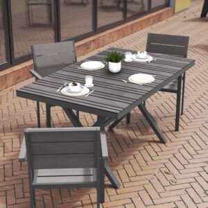 Flash Furniture Finch Commercial Grade X-Frame Outdoor Dining Table 59" x 35.5" with Faux Teak Poly Slats and Metal Frame, Gray/Gray