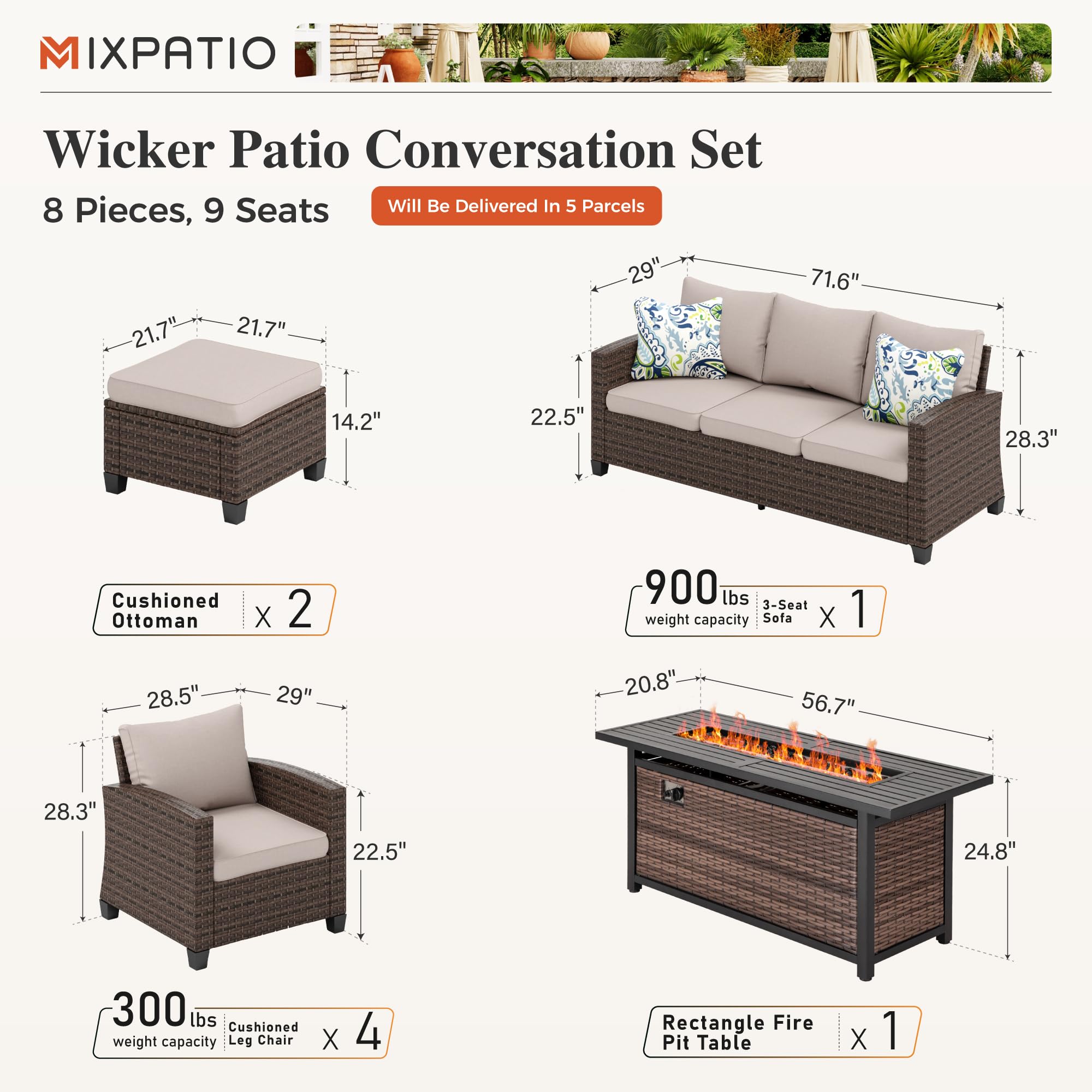 MIXPATIO Patio Furniture Set, 8 Pcs Wicker Outdoor Conversation Set, 4 x Leg Chairs, 1 x 3 Seater Sofa and 2 x Ottoman with 4" Thick Cushion and 56" Fire Pit Table, Beige