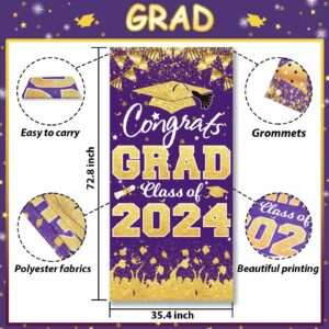 2024 Graduation Party Decorations - Purple Gold Class of 2024 Congrats Grad Banner 2024 Graduation Party Supplies Front Door Cover Porch Sign Banner Wall Backdrop Decor