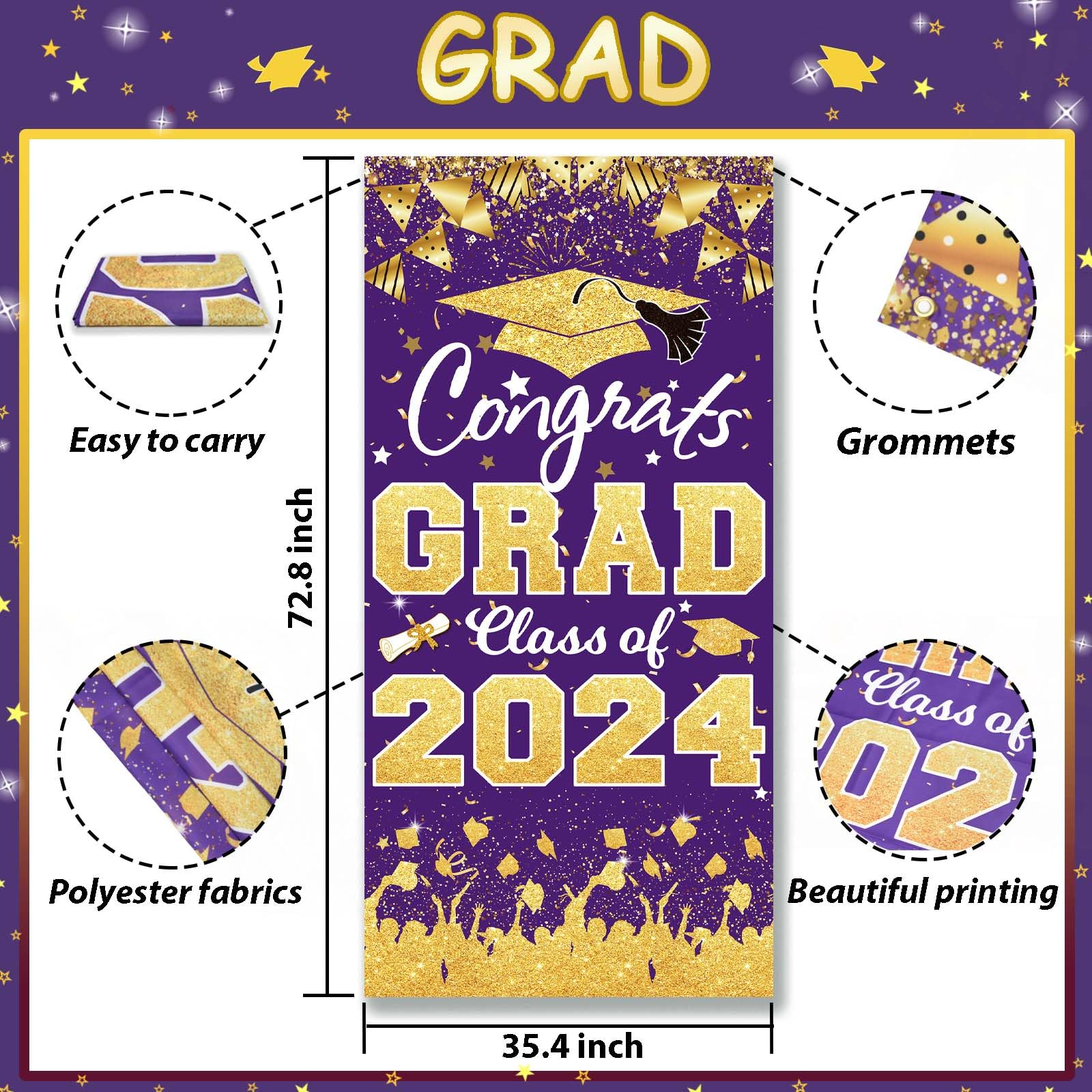 2024 Graduation Party Decorations - Purple Gold Class of 2024 Congrats Grad Banner 2024 Graduation Party Supplies Front Door Cover Porch Sign Banner Wall Backdrop Decor