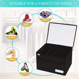 Luvhomee Shoe Storage Organizer, Fits 16 Pairs, Large Shoe Organizer Box for Closet, Clear Foldable Shoes Containers w/Bottom Support, Space Saving Shoe Cubby Storage Boxes w/Reinforced Handles, Black