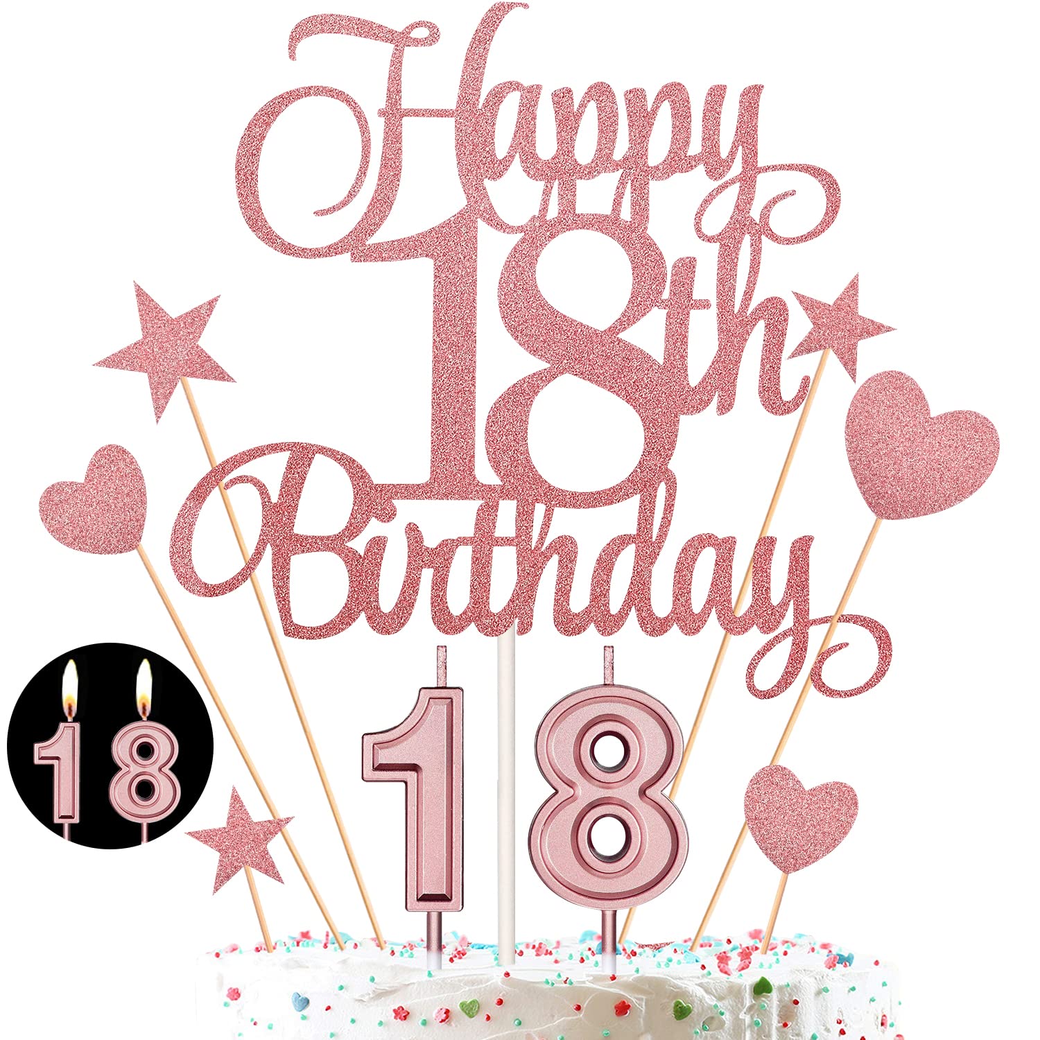 18th Birthday Cake Decorations Set Include 18th Birthday Candles Numeral 18 Cake Candles and Happy 18th Birthday Cake Toppers with Heart Star Cupcake Picks for Birthday Party (Rose Gold Series)