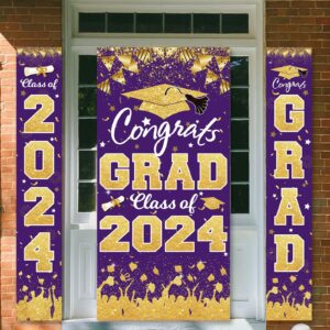 2024 Graduation Party Decorations - Purple Gold Class of 2024 Congrats Grad Banner 2024 Graduation Party Supplies Front Door Cover Porch Sign Banner Wall Backdrop Decor