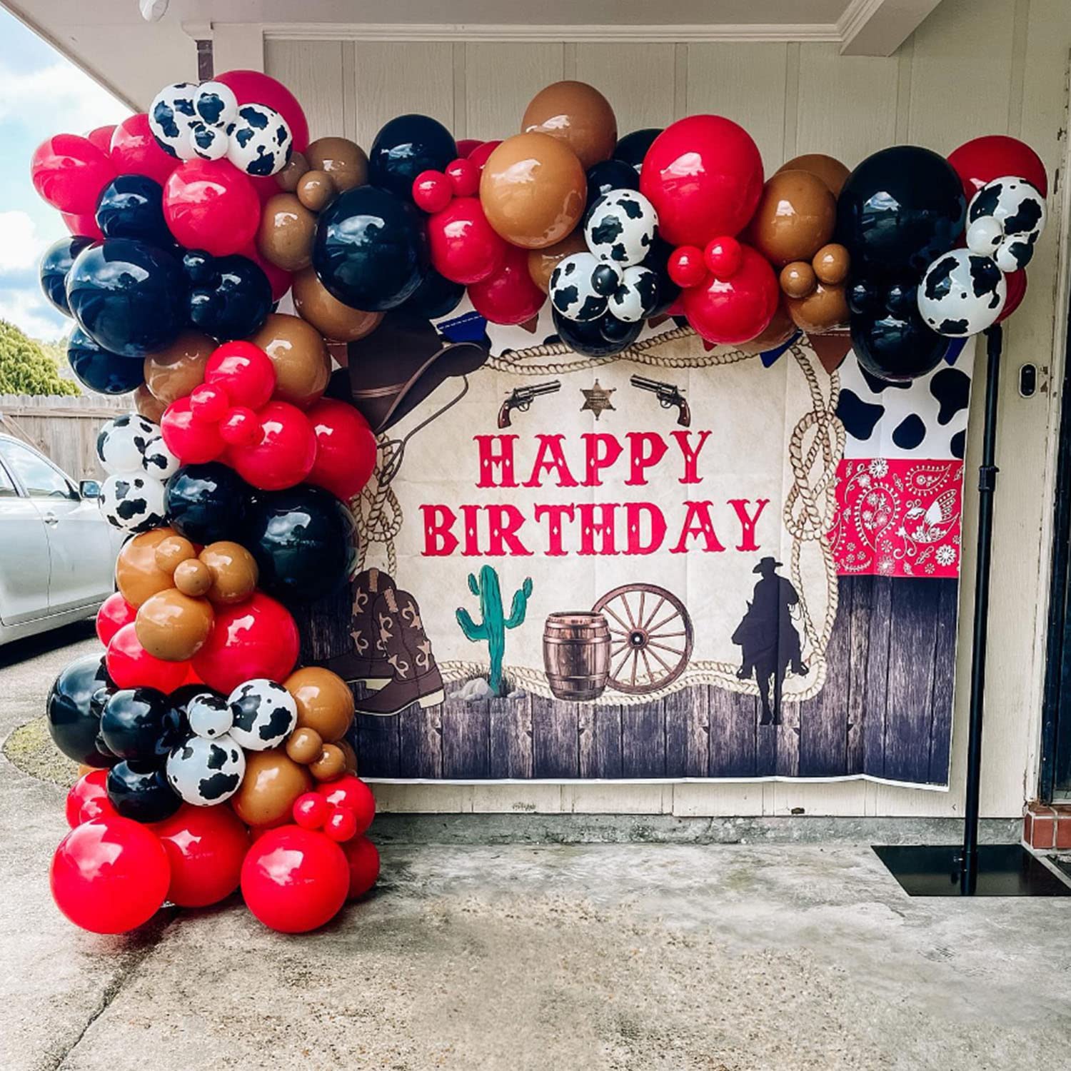 157Pcs First Rodeo Balloon Garland Arch Kit - First Rodeo Party Decorations Backdrop with Black Red Khaki Cow Printed Balloon for CowBoy Themed Party Baby Shower Farm Birthday Party Decorations