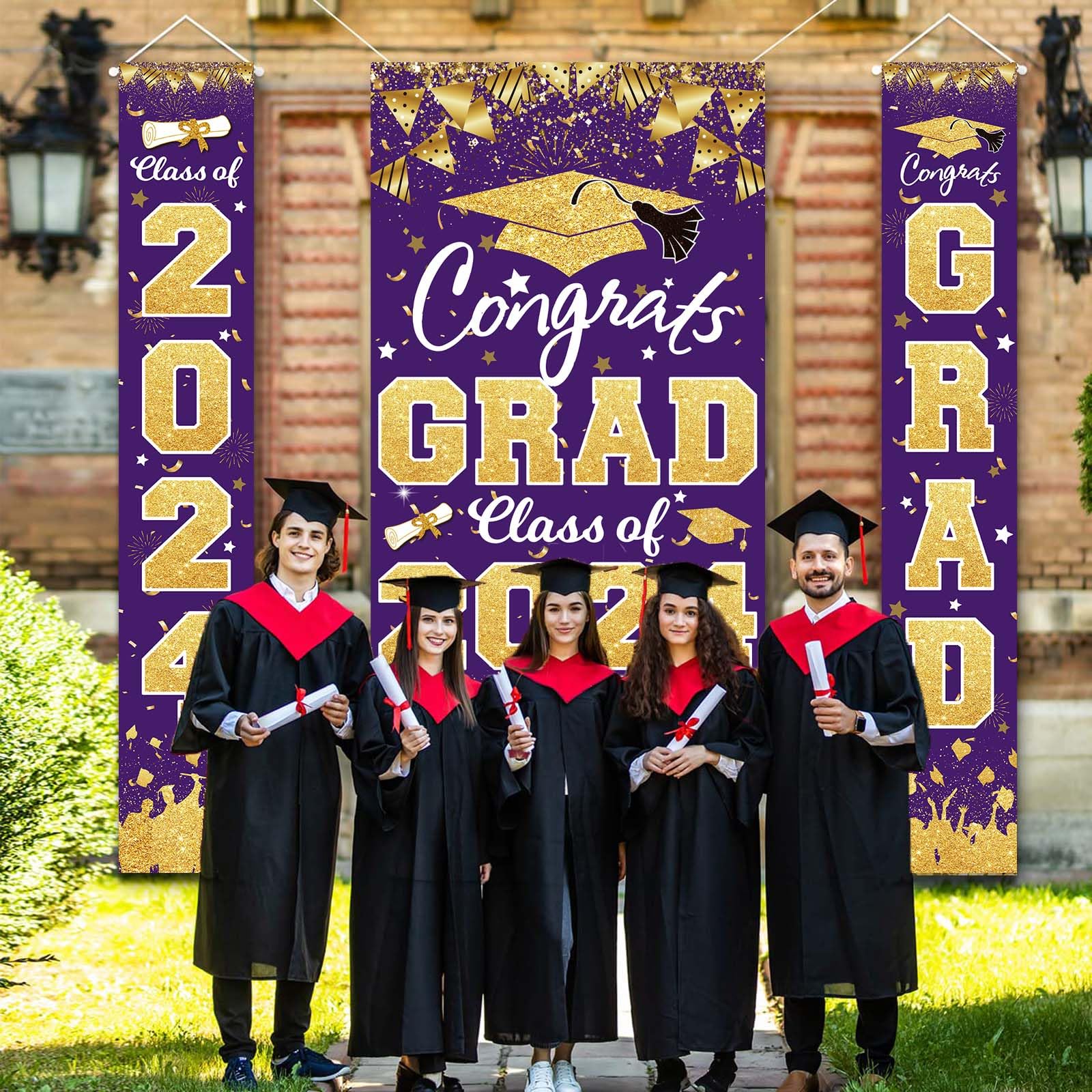 2024 Graduation Party Decorations - Purple Gold Class of 2024 Congrats Grad Banner 2024 Graduation Party Supplies Front Door Cover Porch Sign Banner Wall Backdrop Decor