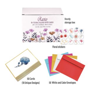 Racrico 50 Blank Note Cards and Envelopes,10 Gold Foil Designs Floral Blank Cards With Color Envelopes And Stickers, 4x6 Blank Note Greeting Cards Sets In Sturdy Bulk Box.