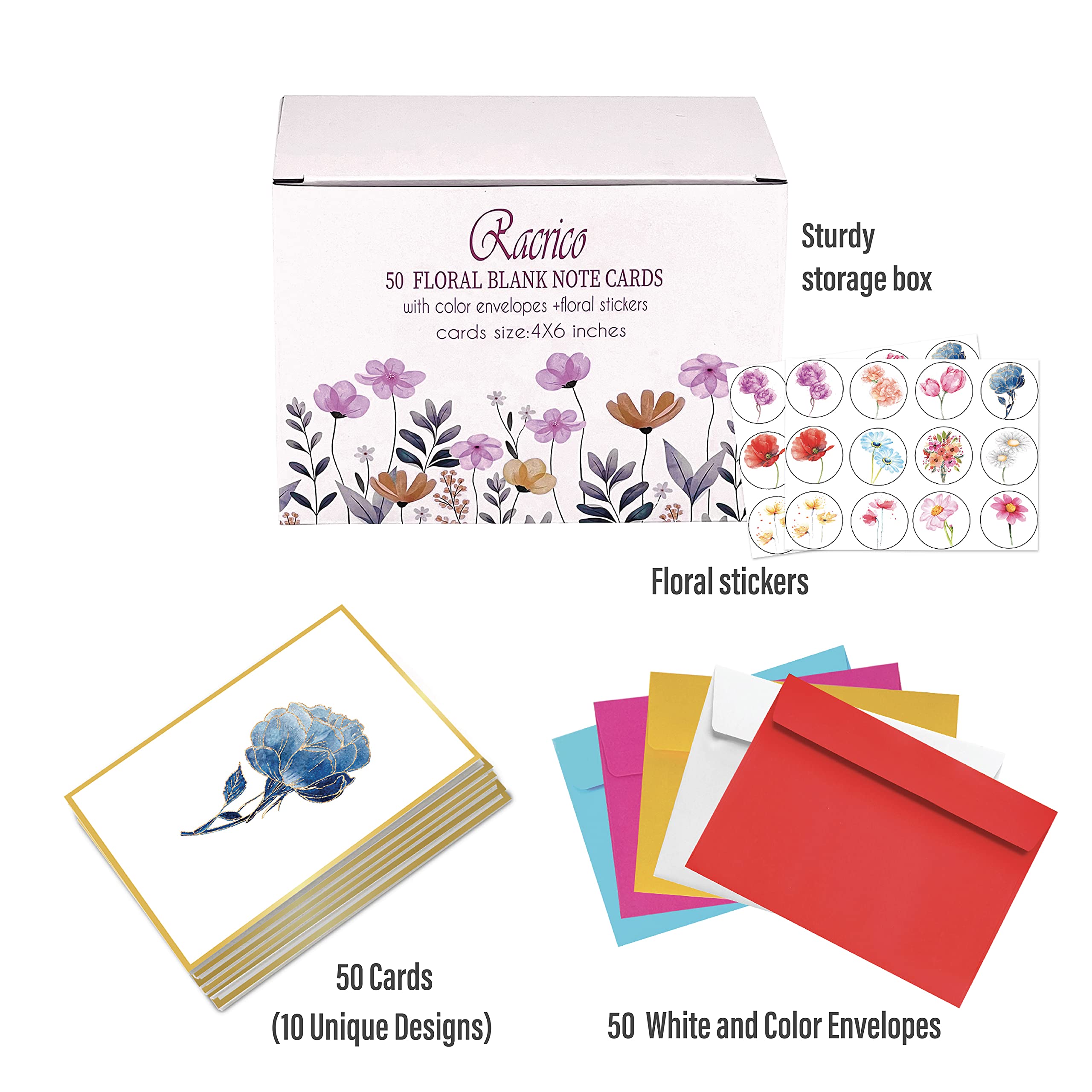 Racrico 50 Blank Note Cards and Envelopes,10 Gold Foil Designs Floral Blank Cards With Color Envelopes And Stickers, 4x6 Blank Note Greeting Cards Sets In Sturdy Bulk Box.