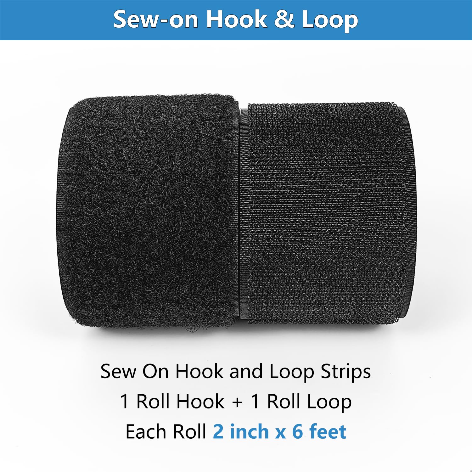 Matenf Sew On Hook and Loop Strips, 2 Inch Wide, Easy to Sew, Excellent Grip, Non-Adhesive, Interlocking Tape, Hook & Loop Tape for Clothing Sewing Crafts and DIY Projects, Each Roll 2'' x 6', Black