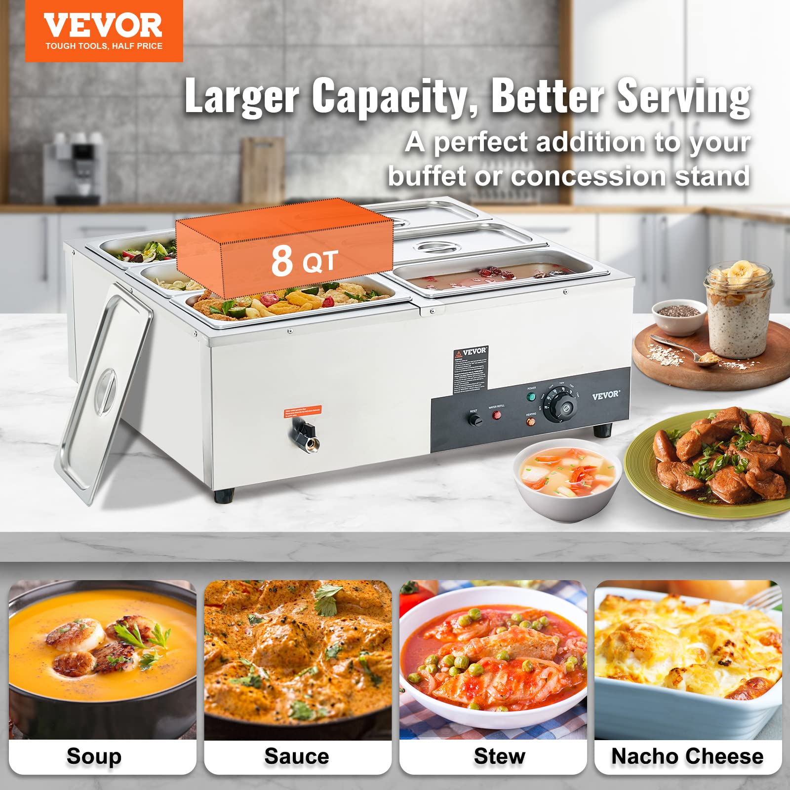 VEVOR 6-Pan Commercial Food Warmer, 6 x 8QT Electric Steam Table, 1500W Professional Countertop Stainless Steel Buffet Bain Marie with 86-185°F Temp Control for Catering and Restaurants,