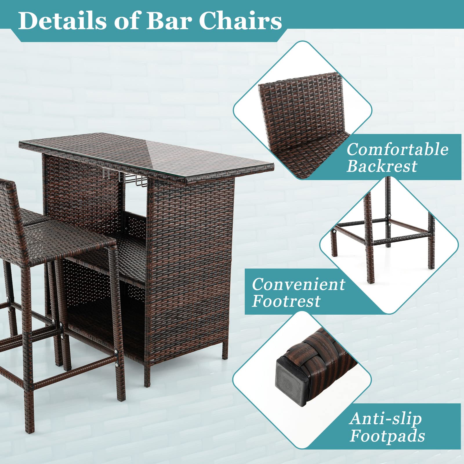 Tangkula Outdoor Bar Set, 3 Pieces Patio Wicker Bar Height Table and Chair Set with 3 Rows Stemware Racks, Hidden Storage Shelf, Tempered Glass Tabletop, 2 Stools for Backyard, Poolside (Mix Brown)