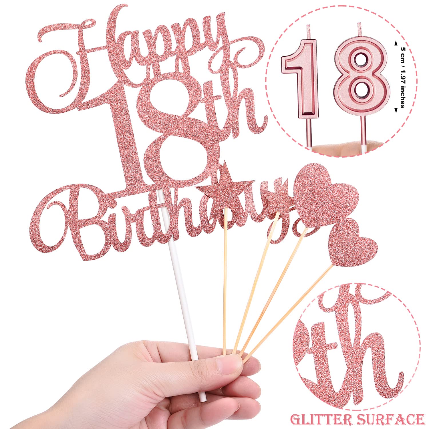 18th Birthday Cake Decorations Set Include 18th Birthday Candles Numeral 18 Cake Candles and Happy 18th Birthday Cake Toppers with Heart Star Cupcake Picks for Birthday Party (Rose Gold Series)