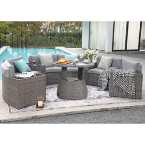 SUNSITT Outdoor Patio Furniture 11-Piece Half-Moon Sectional Round Patio Furniture Set Curved Outdoor Sofa with Aluminum Lift Top Round Coffee Table, Grey Rattan, Grey Cushions