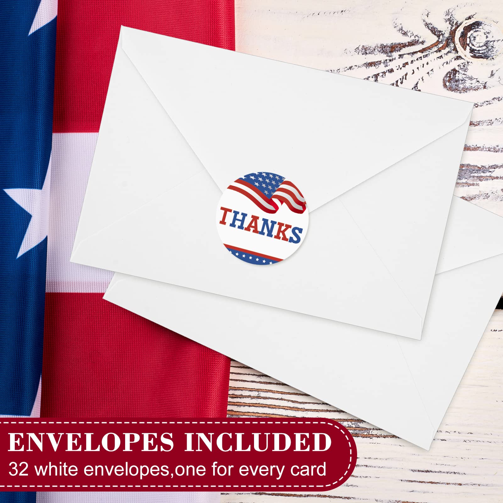 AnyDesign 32 Pack Patriotic Thank You Cards American Flag Stars Stripes Thank You Note Cards with Envelopes Stickers 4th of July Blank Greeting Cards for Independence Day Memorial Day Supplies