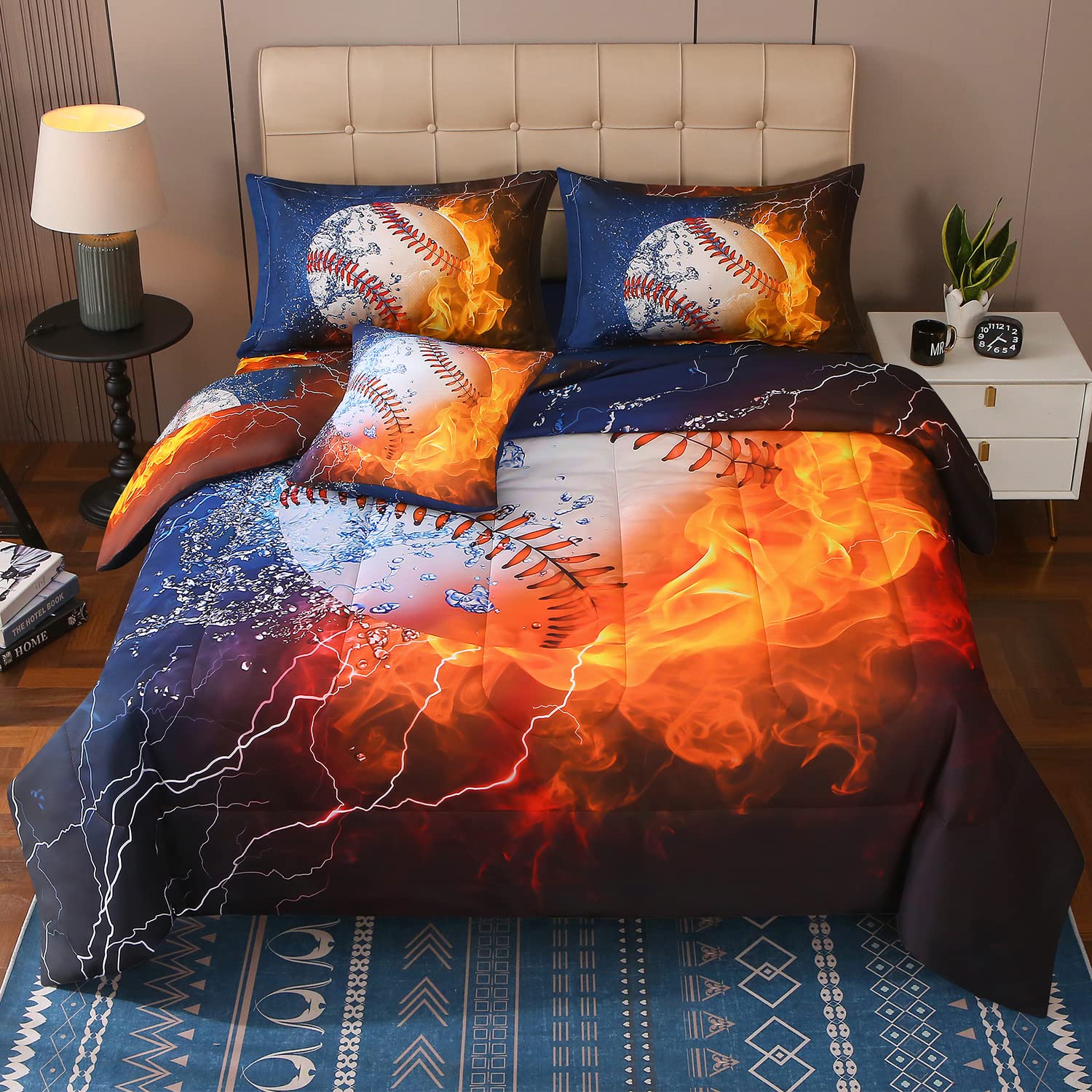 JQinHome Twin Baseball and Fire Comforter Sets for Boys,6 Piece Bed in A Bag 3D Sport Themed Bedding -All Season Soft Microfiber Bedding Sets, Pillowcase, Flat Sheet, Fitted Sheet,Cushion Cover