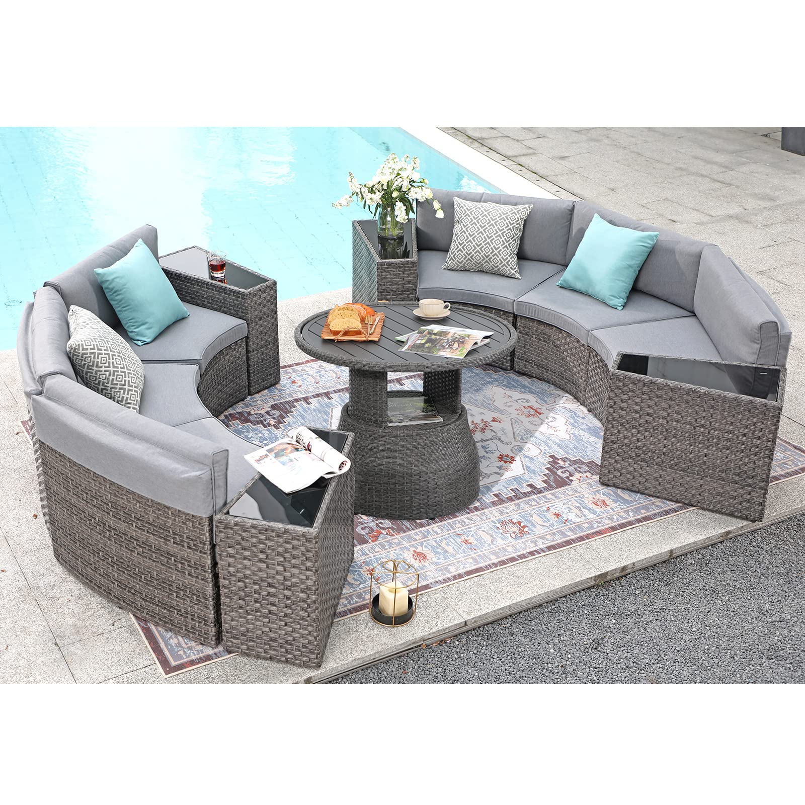 SUNSITT Outdoor Patio Furniture 11-Piece Half-Moon Sectional Round Patio Furniture Set Curved Outdoor Sofa with Aluminum Lift Top Round Coffee Table, Grey Rattan, Grey Cushions