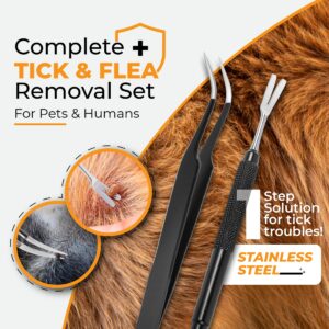 AKOSN Premium Tick Removal Tool - Stainless Steel Tick & Flea Remover for Pets Dogs Cats Humans -Safe Tick Control Puller &Precision Fine Point Tweezers to Completed Remove Ticks, 1 Set