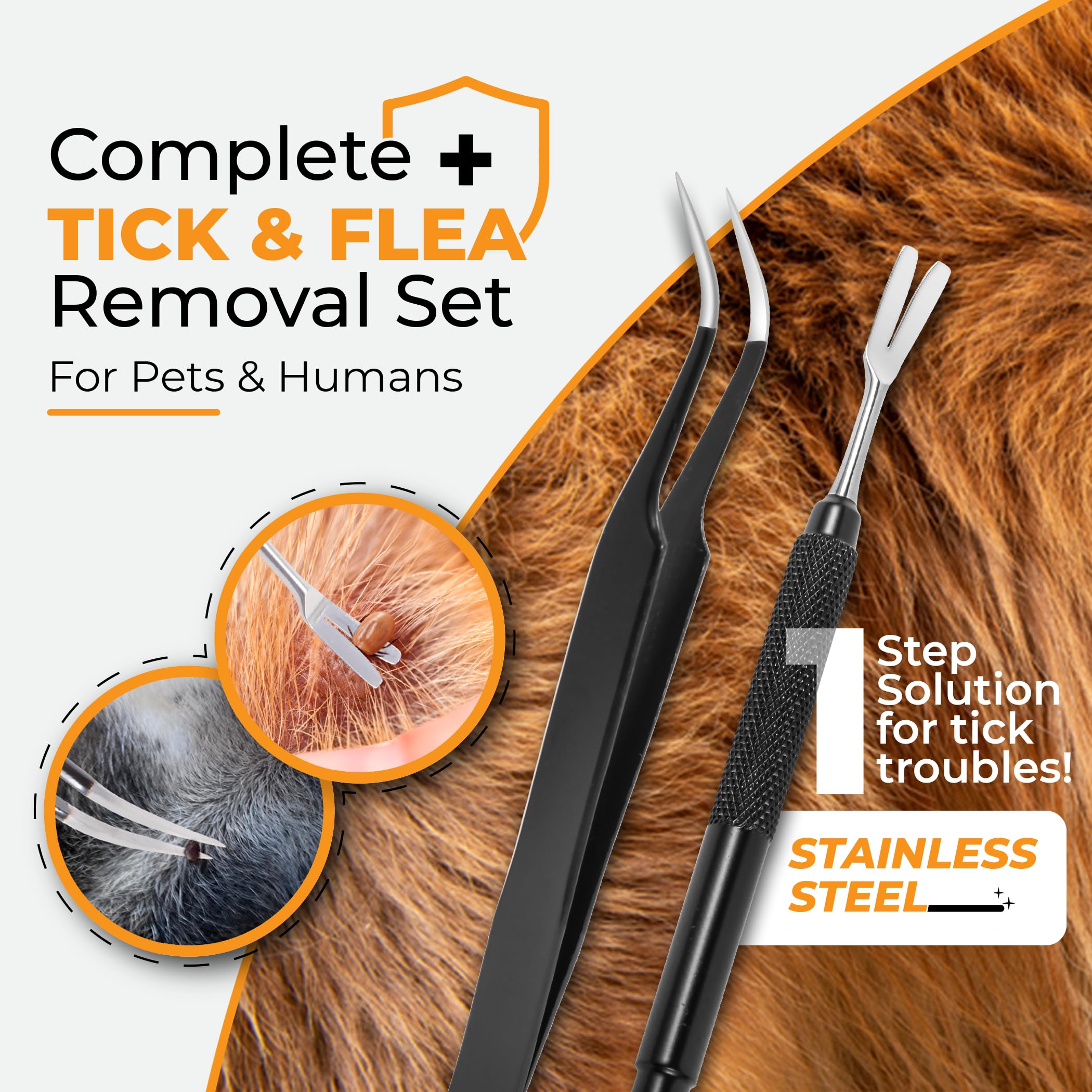 AKOSN Premium Tick Removal Tool - Stainless Steel Tick & Flea Remover for Pets Dogs Cats Humans -Safe Tick Control Puller &Precision Fine Point Tweezers to Completed Remove Ticks, 1 Set